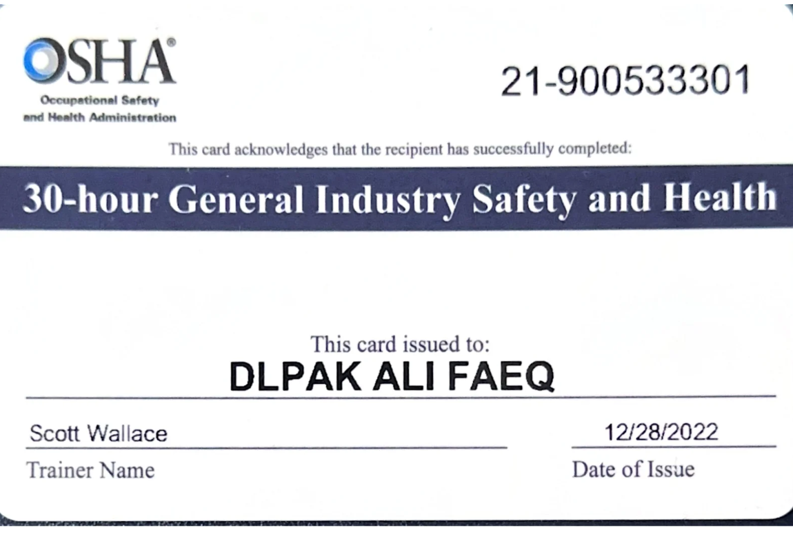 OSHA Certificate